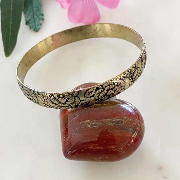 Vintage Jewelry - Indian Engraved Floral Brass Bangle Bracelet, Vintage 1970s